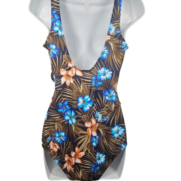 Lands' End SlenderSuit Wrap One Piece Swimsuit Deep Sea Navy Tropic Palm Size 12 - Picture 3 of 8